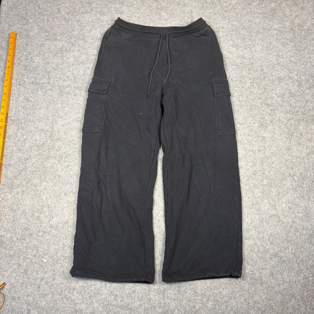 Uniqlo Mens Large Black Cargo Sweatpants Wide Leg Drawstring French Terry Pants